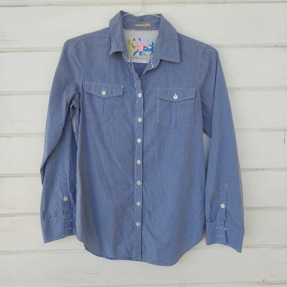 Lilly Pulitzer Blue and White Checkered Long Sleeve Button Up Shirt Size Small